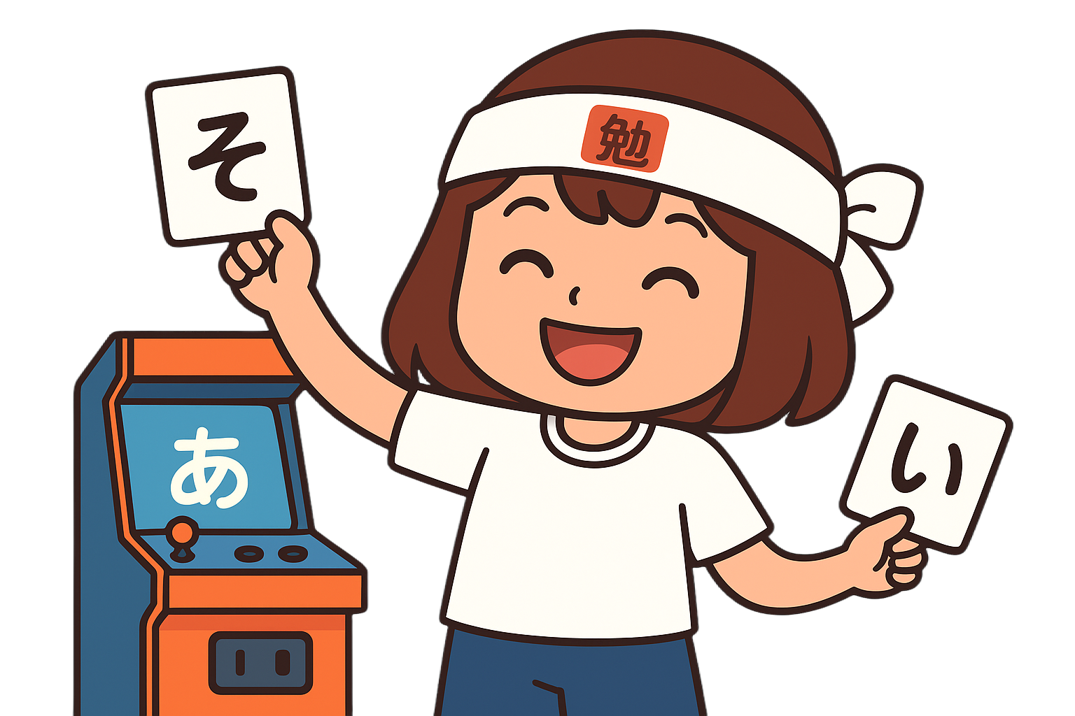 Asoi mascot with arcade machine and Japanese cards
